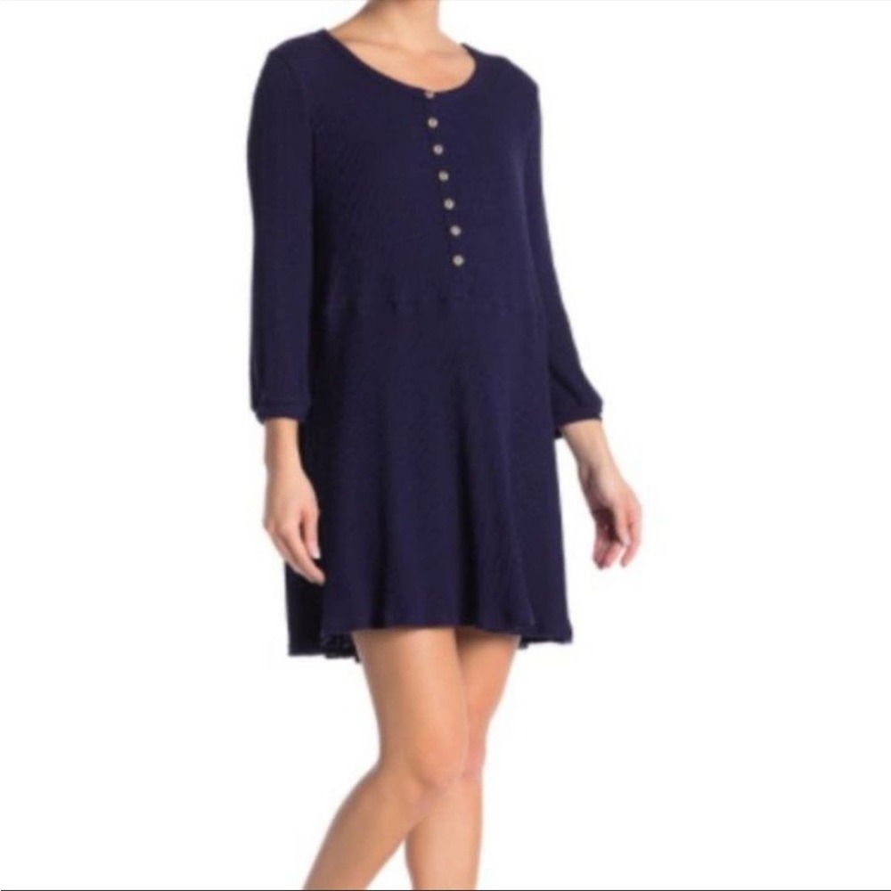 Blu Pepper Women's Navy Blue Ribbed Knit Long Sleeve Babydoll Dress sz L
